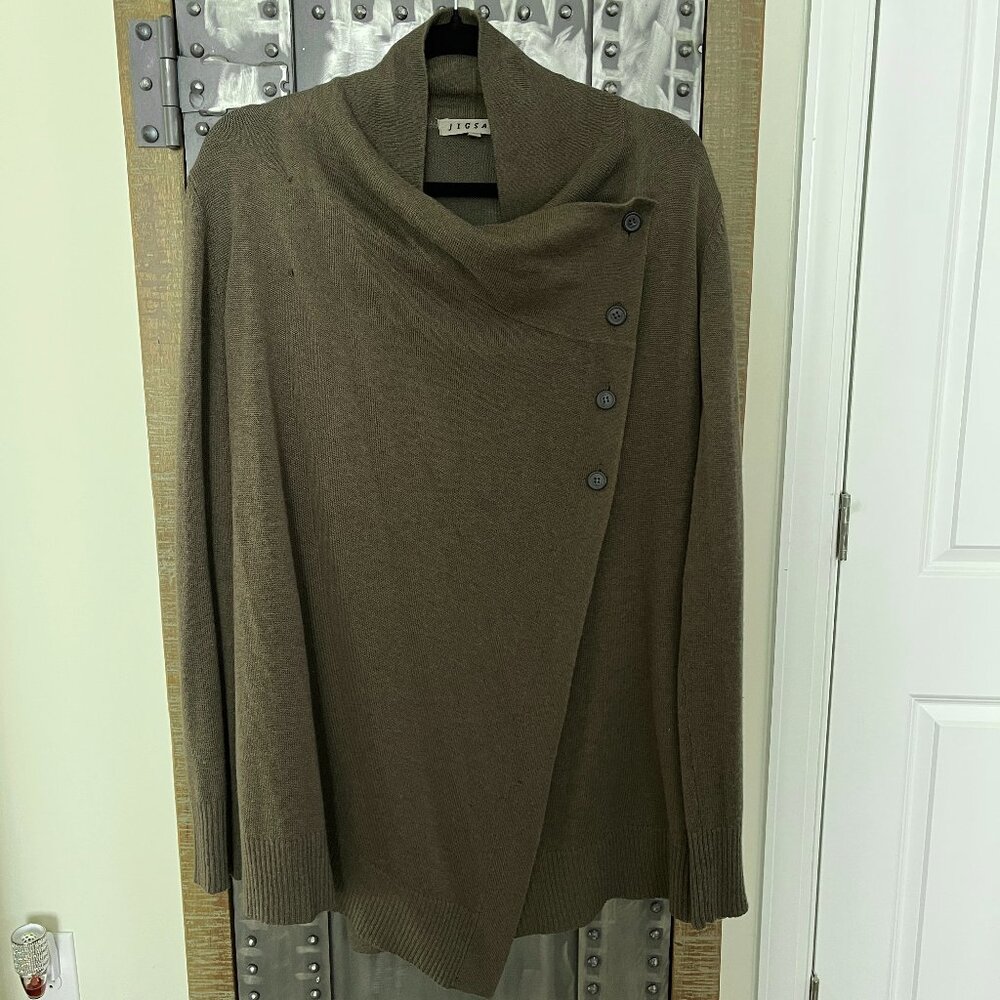 JIGSAW Y2K Merino Wool Asymmetrical Draped Cardigan - Dark Khaki Green Large